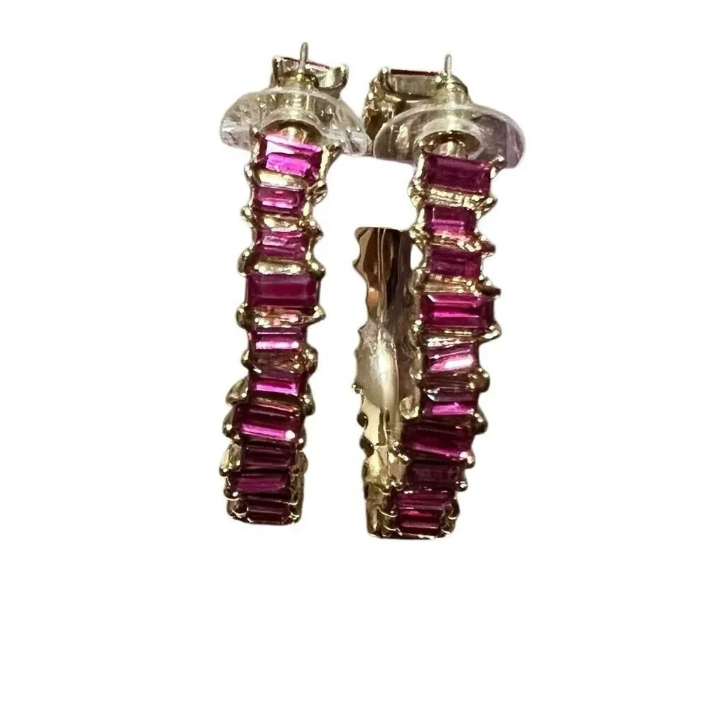 New Hot Pink Baguette Hoops gold plated 1.5 inch